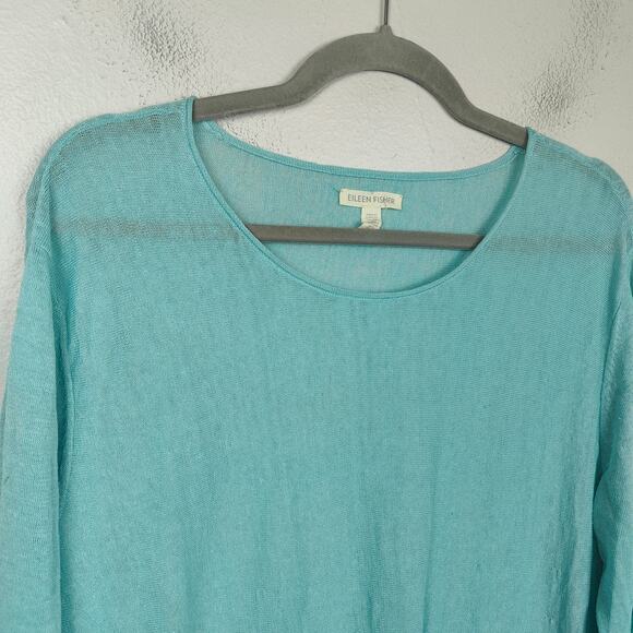 Eileen Fisher Semi-Sheer Linen Top Womens Medium Teal Green Scoopenck Boxy Beach - Picture 2 of 7
